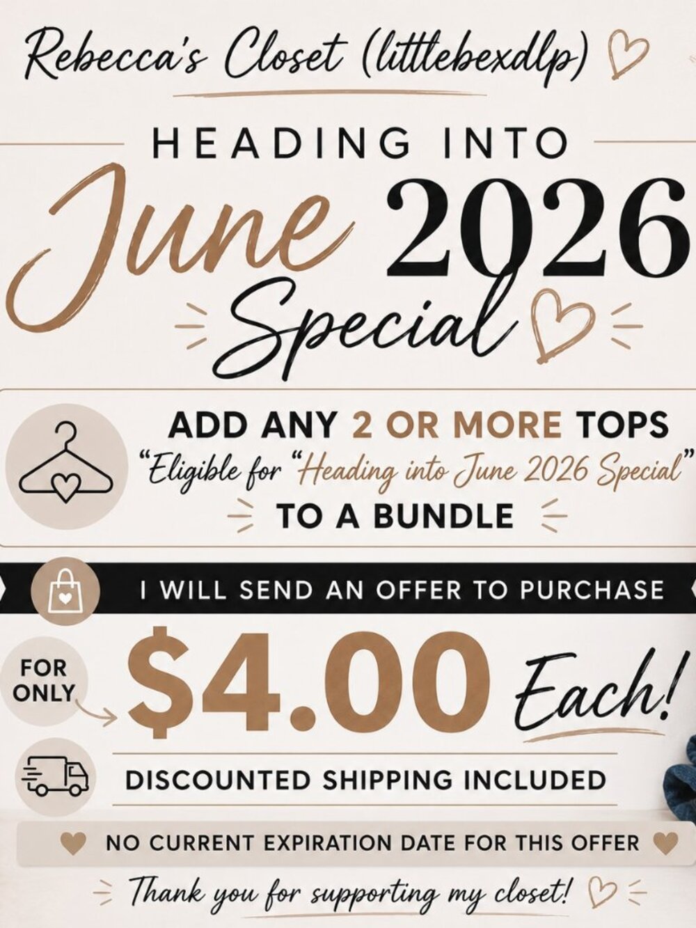 Rebecca's Closet "Heading into June 2026 Summer Tops Special"